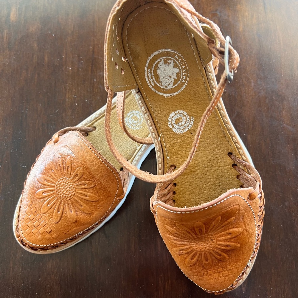 Floral Embossed Tan Leather Flats
